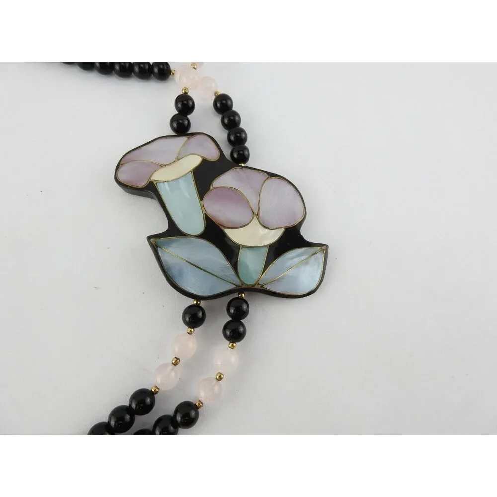 Anne Gee Black Beaded Mother Of Pearl Floral Statement Necklace - Picture 4 of 10